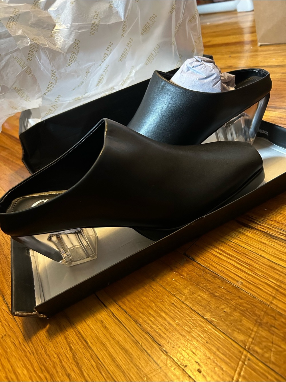 Cape Robbin Black Carly Heel Slip-On Mule with Clear Block Heel